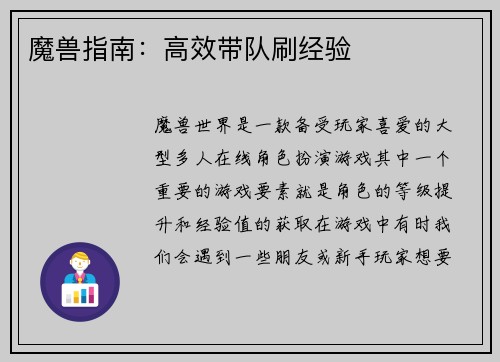 魔兽指南：高效带队刷经验